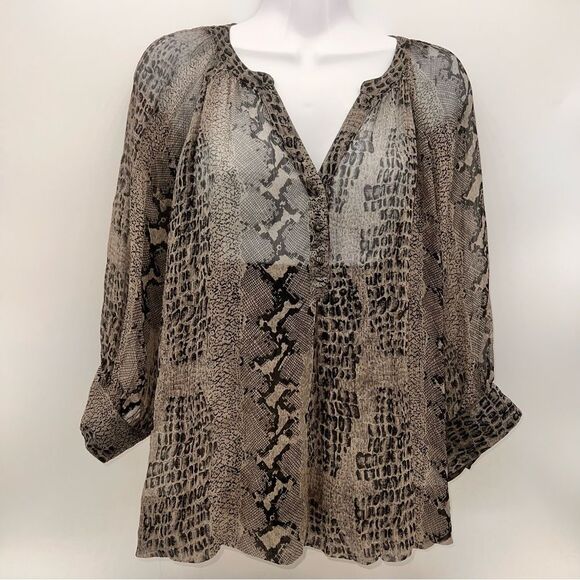 Banana Republic Women's Sheer Croc Print Blouse 3/4 Sleeve-Brown/Black Tone-Sz L - Picture 1 of 8